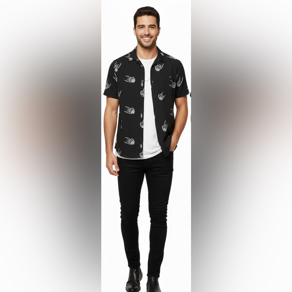 Men’s medium cotton black/white skeleton rock handprint button down short sleeve - Picture 2 of 8